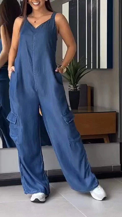 Thin Denim Cargo Pocket V-neck Jumpsuit - Seldom Seen Styles