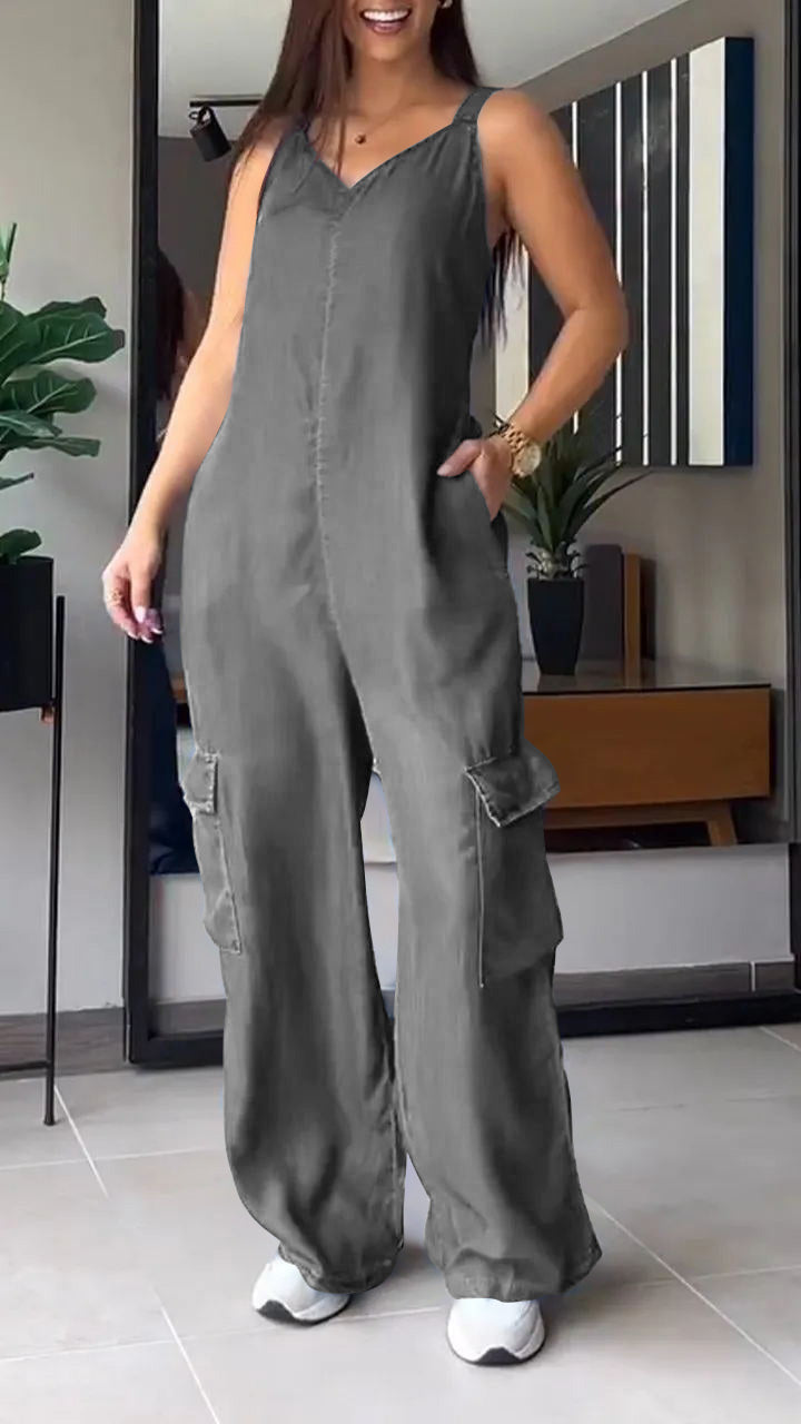 Thin Denim Cargo Pocket V-neck Jumpsuit - Seldom Seen Styles
