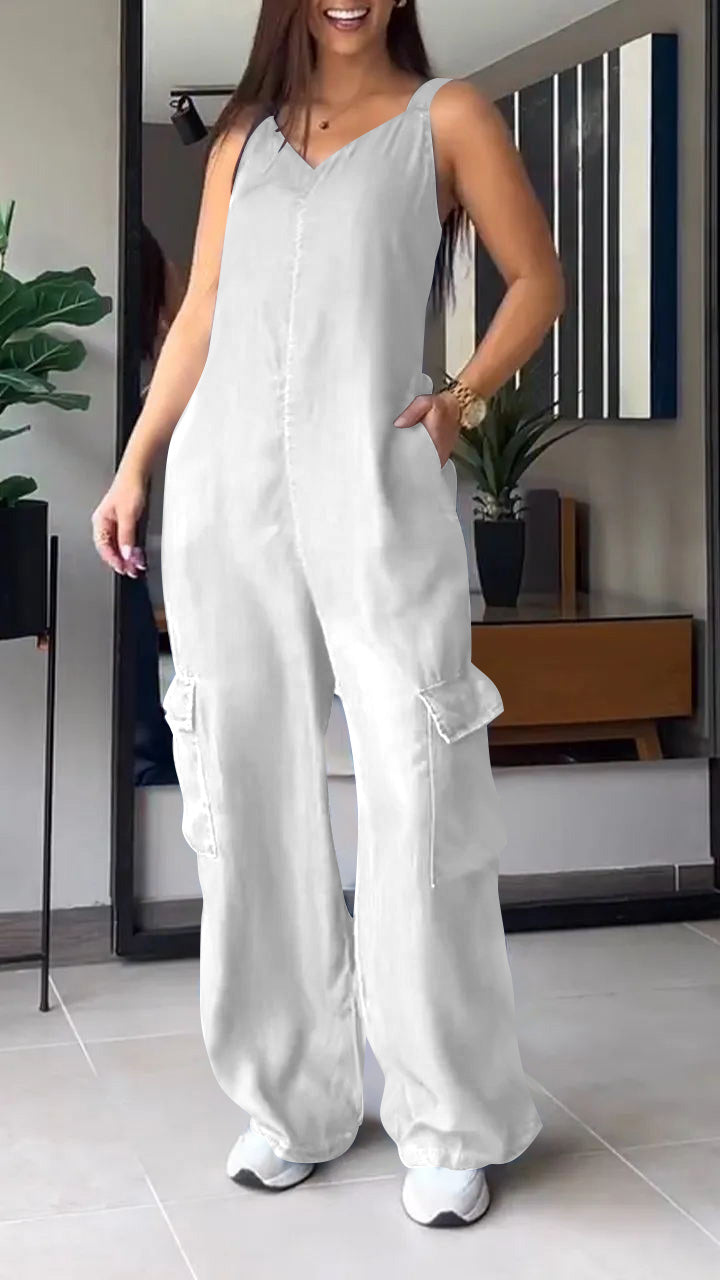 Thin Denim Cargo Pocket V-neck Jumpsuit - Seldom Seen Styles