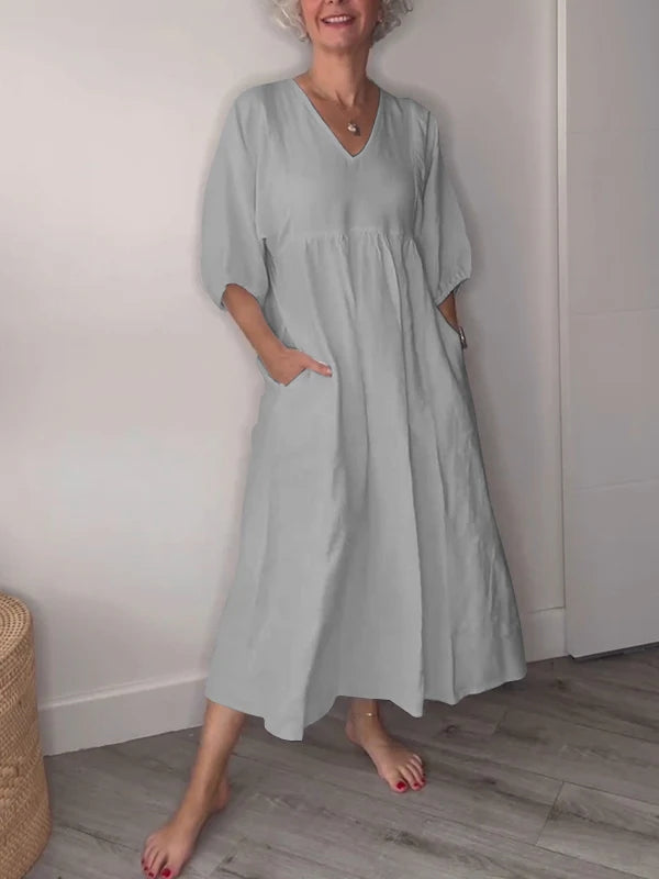 Women's V-neck Solid Color Mid-length Sleeve Dress - Seldom Seen Styles