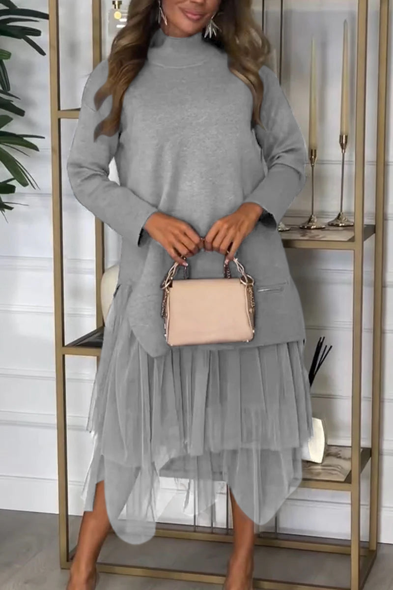 Women's Casual Solid Color Mesh Patchwork Dress - Seldom Seen Styles