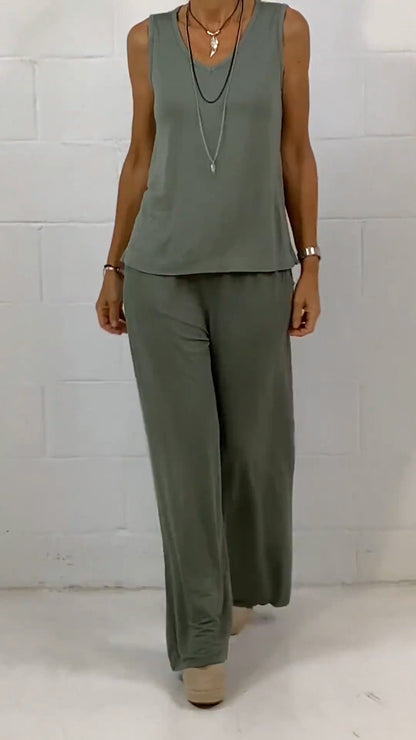 Women's Spring Casual Solid Sleeveless Crewneck Loose Two-piece Set