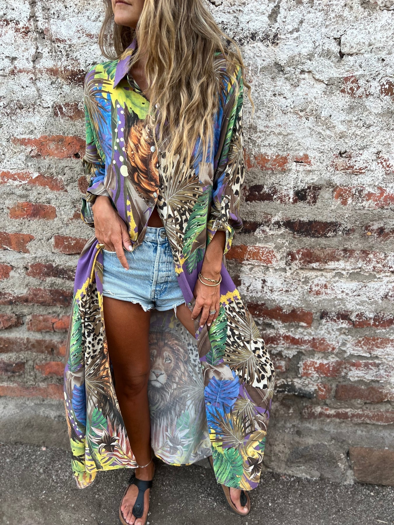 Women's Lapel Plant and Animal Print Casual Long Shirt - Seldom Seen Styles