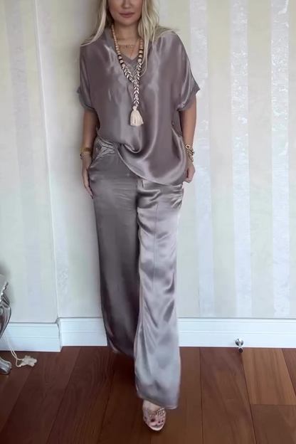 Women's Casual Comfortable V-neck Satin Short-sleeved Two-piece Suit