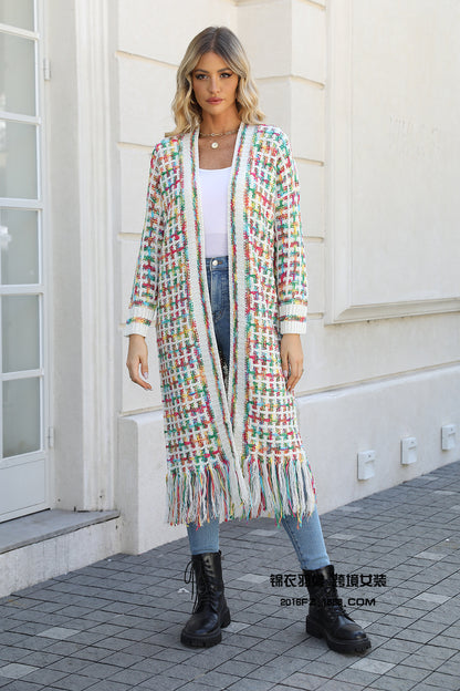 2024New Winter Clothes European and American Foreign Trade plus Size Tassel Long Cardigan Jacket Sweater Cross-Border Hot Women's Clothing Wholesale