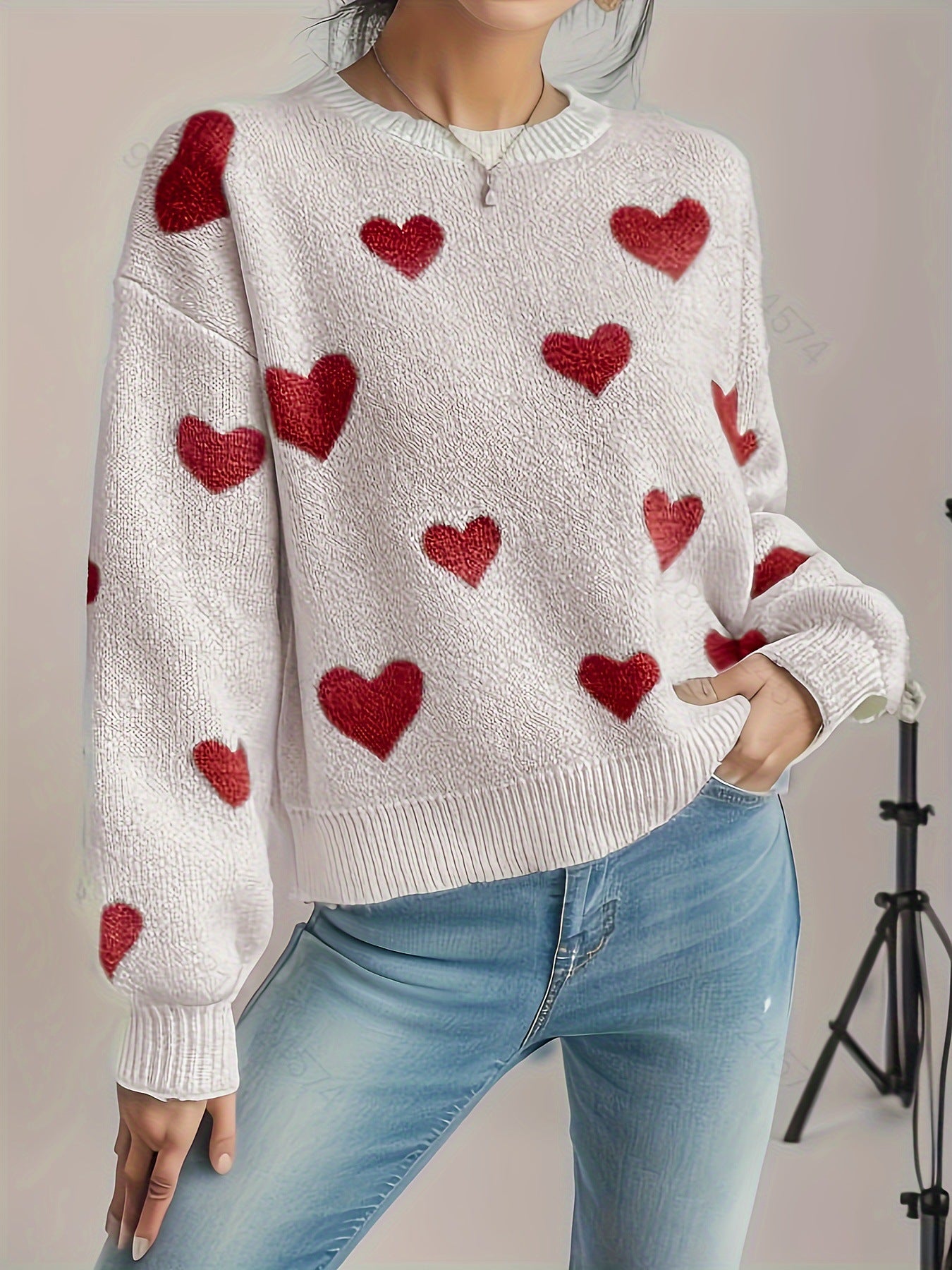 2024New Korean Style Loose Versatile Casual Love Pattern round Neck Drop Shoulder Oversleeve Sweater