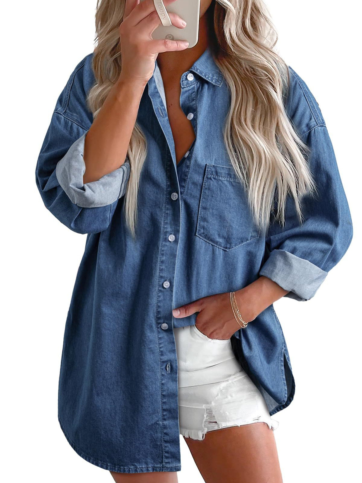 Astylish Damen 2024 Jeanshemden Button-Down-Bluse Langarm V-Ausschnitt Casual Top 