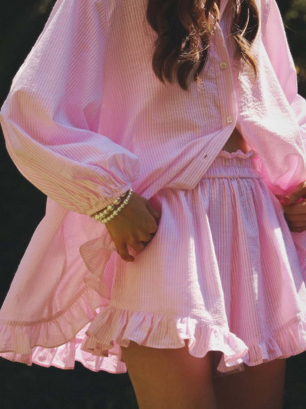 Women's Pink Ruffle Two-Piece Set Voluminous Sleeve Top Shorts Matching Set Lightweight Breathable Casual Brunch Summer Outfit - Seldom Seen Styles