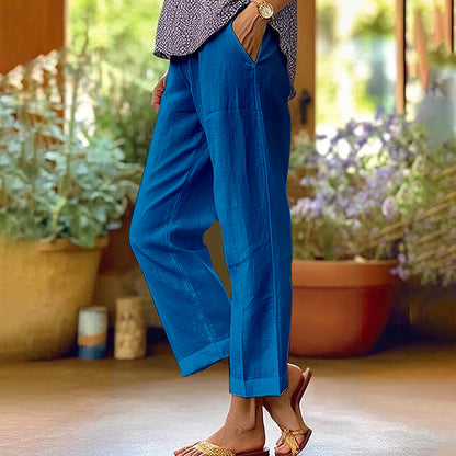 Leinenhose Damen Sommer Elastische Taille Gerades Bein Übergröße Crop Pants Lässige Strandhose mit Taschen