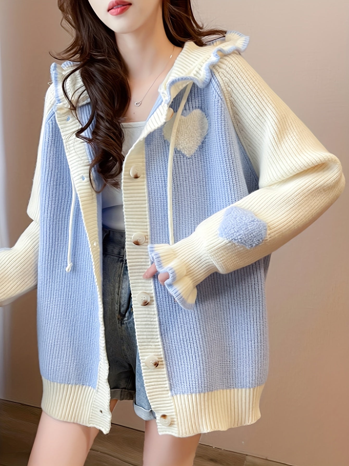 Heart Pattern Single Breasted Cardigan, Cute Color Block Drawstring Cardigan For Spring & Fall, Women's Clothing