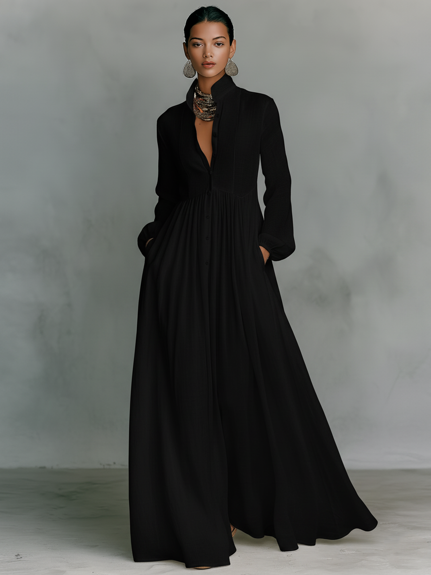 Women's Long Sleeve Cotton Linen Maxi Dress - Slimming Loose Fit Patchwork Design - Seldom Seen Styles