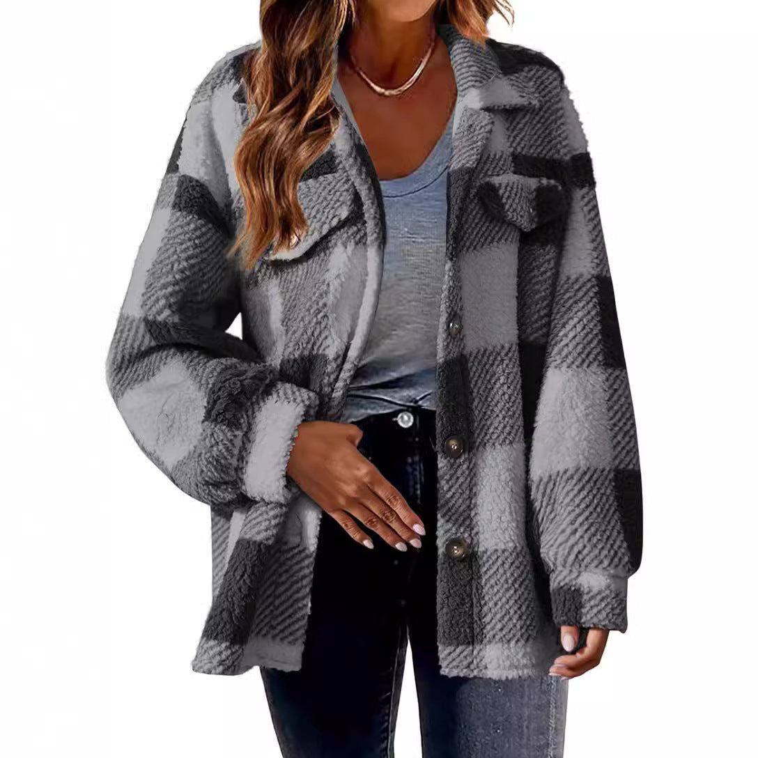 Plaid Pattern Button Front Jacket, Elegant Long Sleeve Warm Coat, Autumn and Winter, Women's Clothing