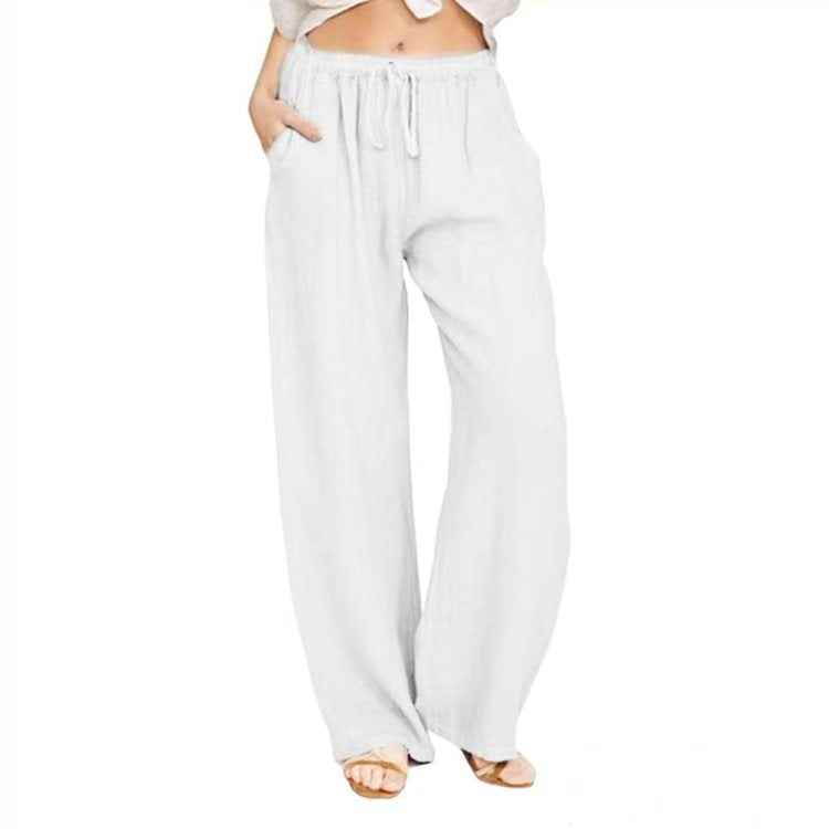 Women's Summer Drawstring Waist Wide Leg Loose Cotton Linen Palazzo Pants - Seldom Seen Styles