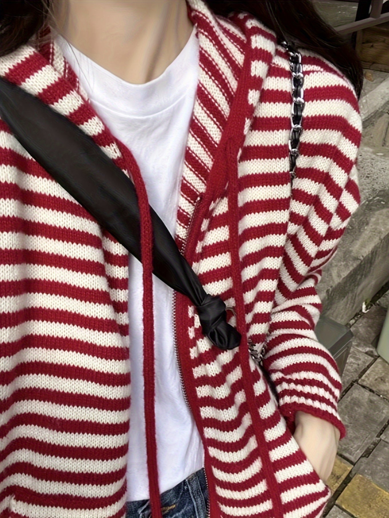 Chic Red Stripe Zip-Up Hood Cardigan - Casual långärmad stickad tröja för kvinnor, perfekt för vår &amp; höst tröjor för kvinnor Sommar cardigan för kvinnor