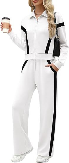 Women's 2 Piece Lounge Outfits Zip Up Sweat Set Contrast Striped Wide Leg Jogging Pants Travel Track Suit