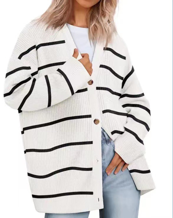 Online European and American Style Simple All-Match Knitted2023Cross-Border Women's Clothing Amazon ButtonsVCollar Solid Color Sweater for Women