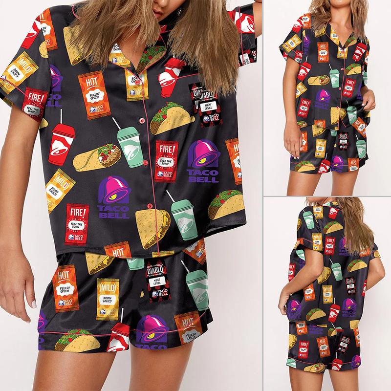 Bell Pajama Set For Women Print Comfy Satin Sleepwear & Loungewear Pjs Short Sleeve Top & Bottoms Shorts Without Pockets - SHESHOW - Seldom Seen Styles