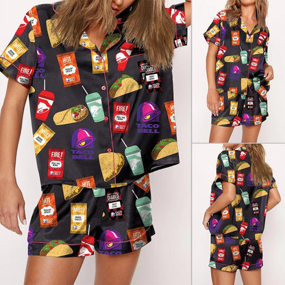 Bell Pajama Set For Women Print Comfy Satin Sleepwear & Loungewear Pjs Short Sleeve Top & Bottoms Shorts Without Pockets - SHESHOW