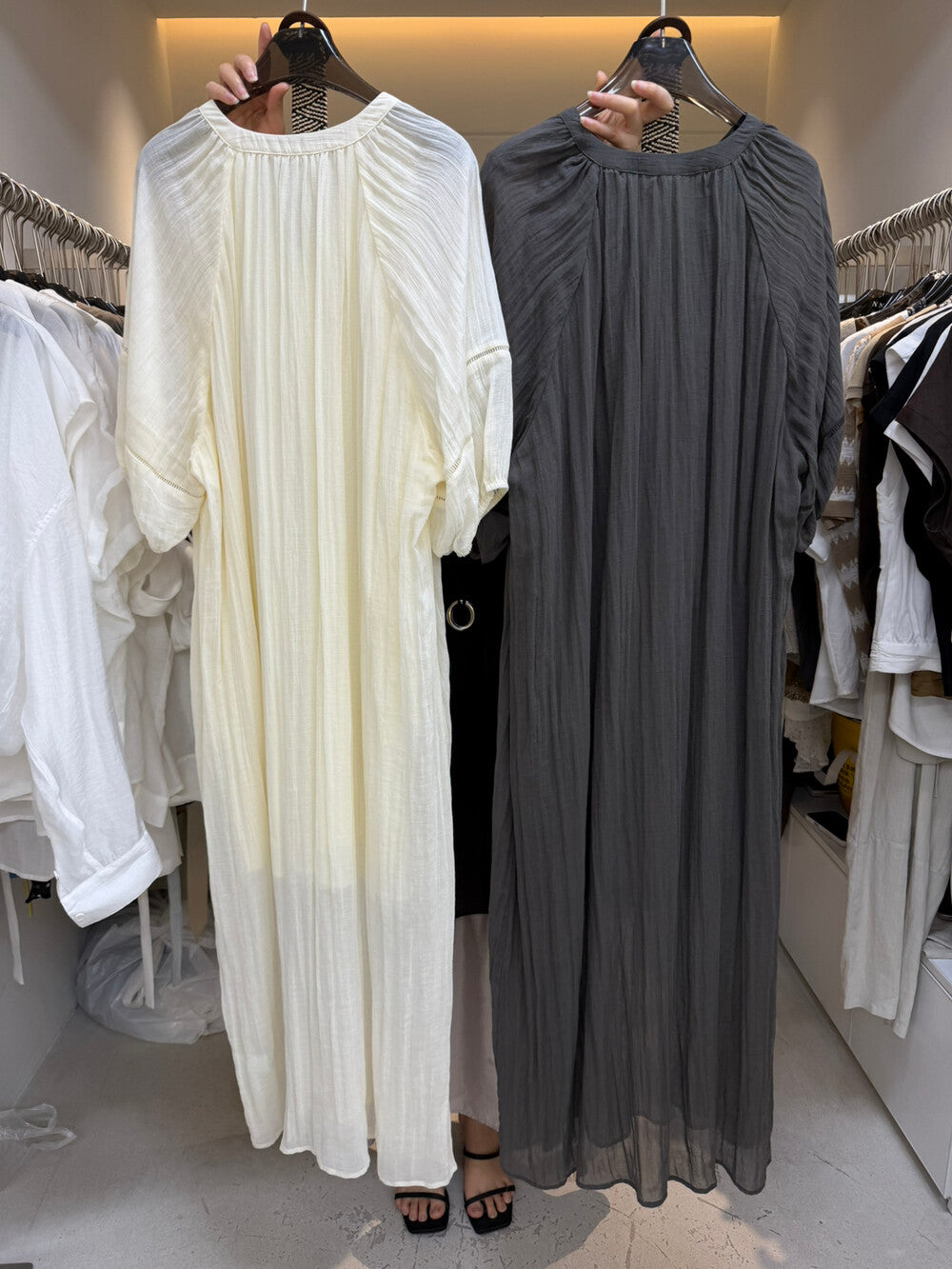 V-Neck Puff Sleeve Loose Flowy Maxi Dress with Woven Belt Included Crinkle Texture Elegant Casual Summer Dress White Dark Grey - Seldom Seen Styles