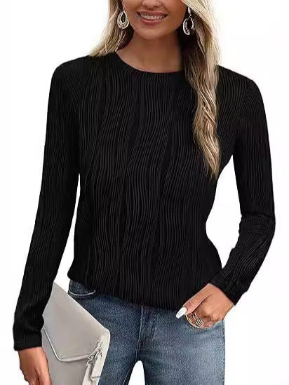 Women's Summer Fall Scalloped Lace Cuff Crewneck Tops Textured Shirts