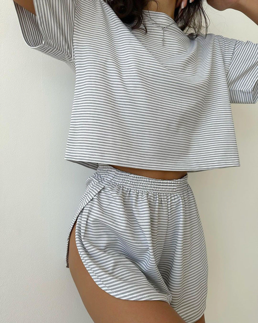 Knitted Striped Pajamas Autumn  Loose Short-Sleeved Shorts Suit Fashion Outerwear Homewear Women