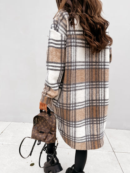 European and american hot2023ebay Amazon Winter New Women's Clothing Fashion Plaid Single-Breasted Coarse Wool Coat