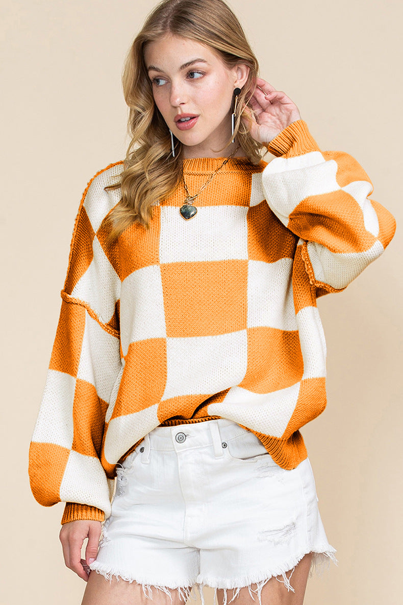 Leisure Style Plaid Printed Long-Sleeved Top Women's Autumn New Warm Pullover Crew Neck Sweater