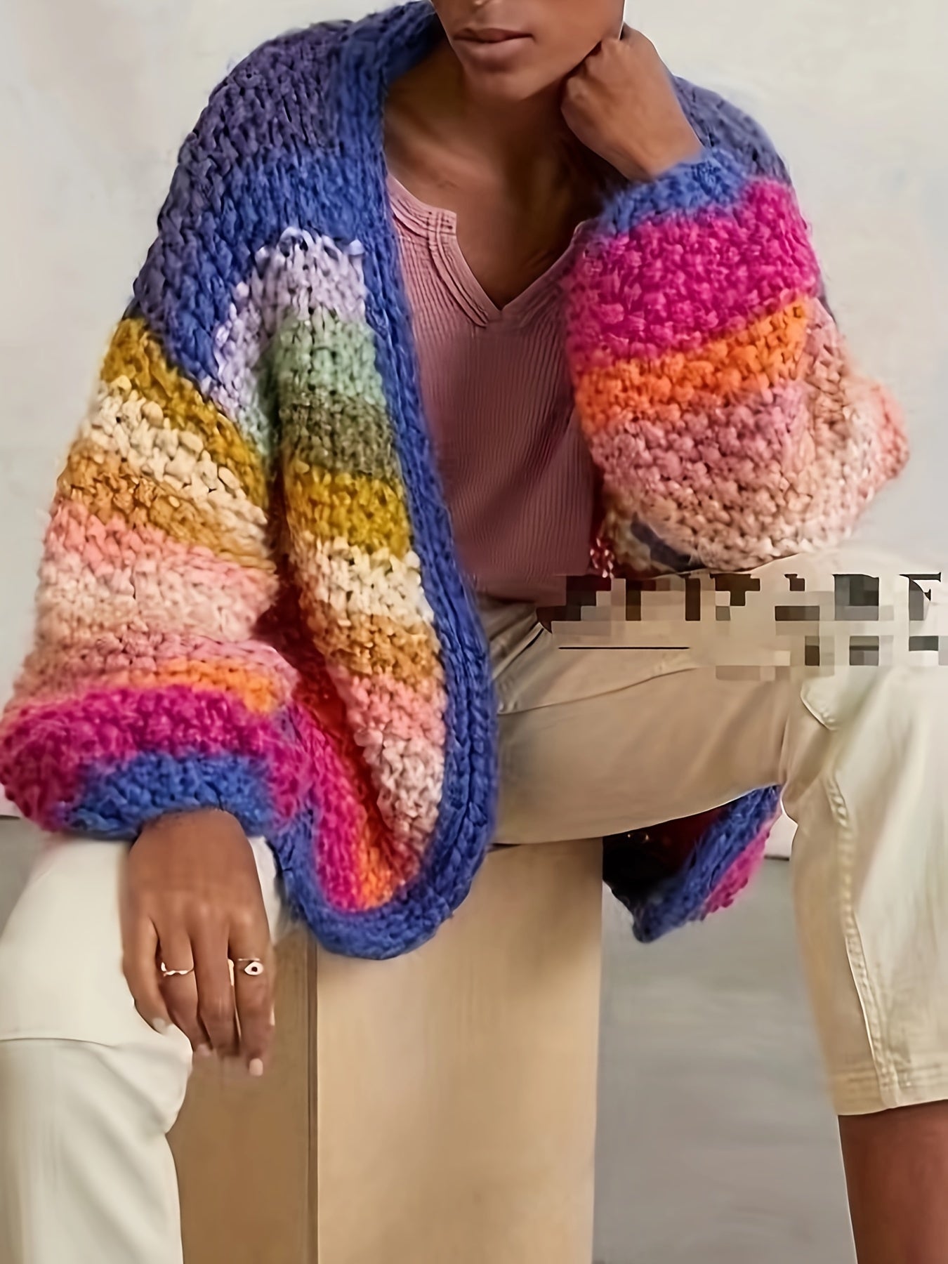 Grobstrick-Cardigan mit Regenbogenstreifen, lässiger, lockerer Pullover mit überschnittenen Schultern für Herbst und Winter, Damenbekleidung