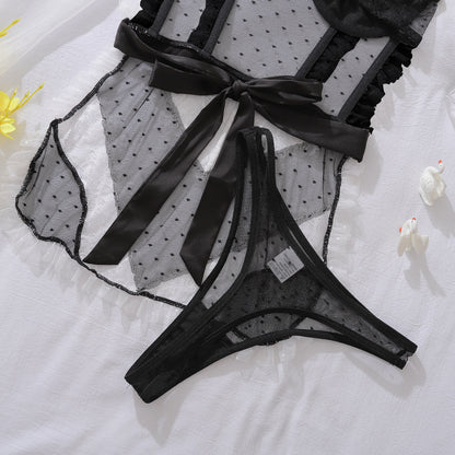 Sexy Color-Block Mesh See-Through Lingerie Hollow Out Backless No-Remove Temptation Erotic Bodysuit with Underwire