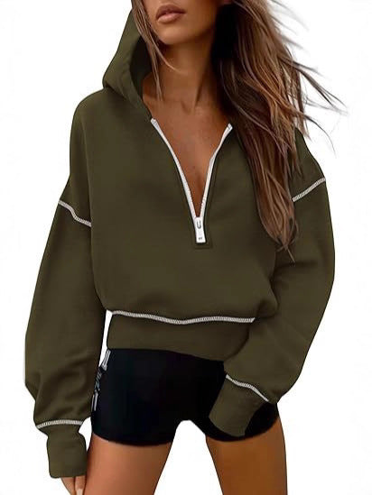 Women's Hooded Sweatshirts Long Sleeve Half Zip Cropped Hoodie Pullover Gold Zipper With Stitching Detail Winter Fashion Clothes