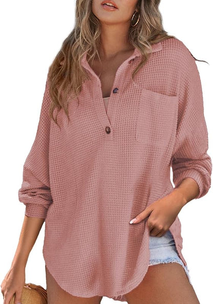 Women Waffle Knit Tops Henley Shirts Long Sleeve V Neck Solid Color Casual Tunic