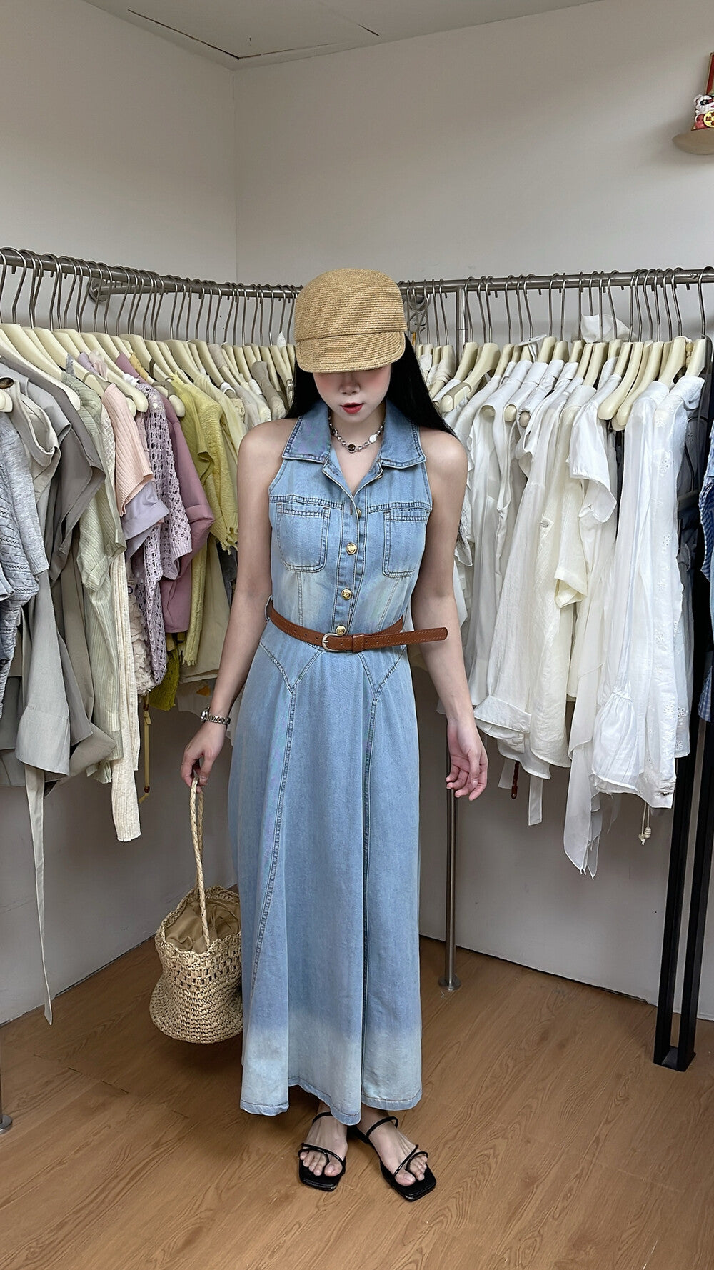 Women's Light Blue Denim Sleeveless Belted A-Line Maxi Dress Gold Button Lapel Collar with Free Belt M L - Seldom Seen Styles
