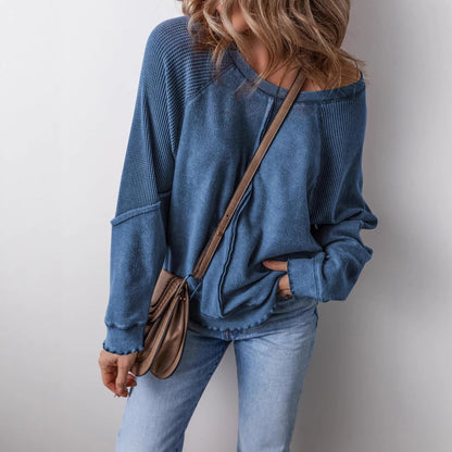 Women's Cotton Waffle Knit Casual Crew Neck Long Sleeve Back Seam Pullover Sweatshirt