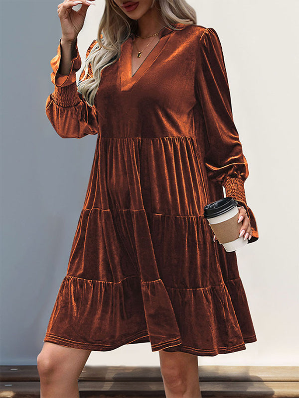 A-Line Long Sleeves Pleated Solid Color Velvet V-Neck Mini Dresses - Seldom Seen Styles