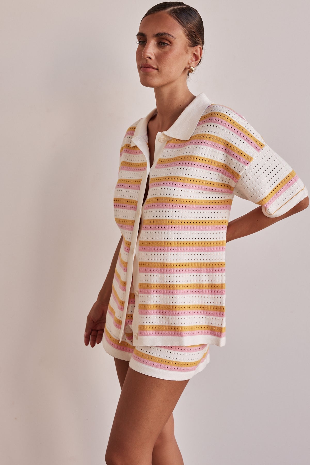 Women's Striped Knit Short Set Casual Button Up Summer Lounge Two Piece Set - Seldom Seen Styles