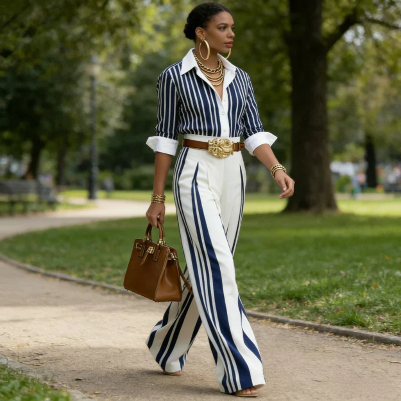 Women's Vertical Striped 2 Piece Outfit Button Down Shirt and Wide Leg Pants Set Casual Elegant Office Workwear Matching Set Blue Black S M L XL 2XL 3XL 4XL 5XL - Seldom Seen Styles