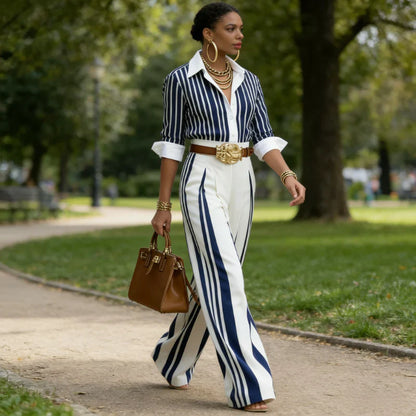 Women's Vertical Striped 2 Piece Outfit Button Down Shirt and Wide Leg Pants Set Casual Elegant Office Workwear Matching Set Blue Black S M L XL 2XL 3XL 4XL 5XL