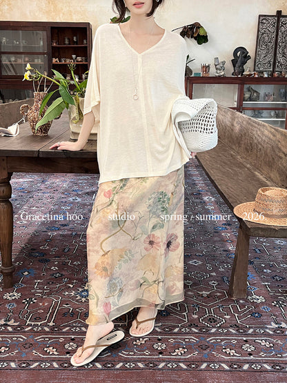 Vintage Oil Painting Floral Print Midi Skirt 100% Polyester Side Zip A-Line Elegant Summer Skirt