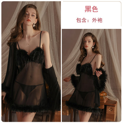 Womens Sexy 3 Piece Fuzzy Lingerie Set Transparent Tulle Nightshirt With Robe and G-String