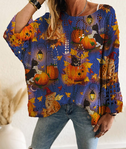 Women's Halloween Pumpkin Print Long Sleeve Knit Top, Casual Elegant Vacation Style, Loose Fit Batwing Shoulder, Spring Summer Fall Wear
