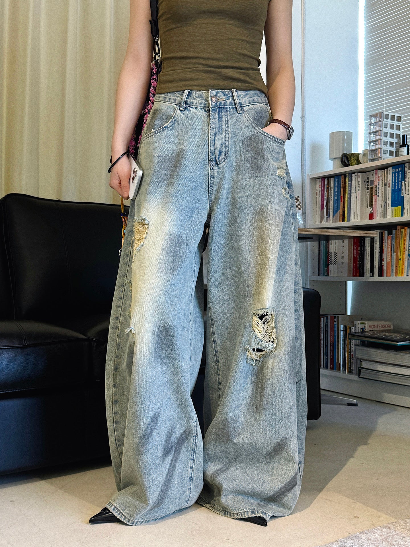 Women's Ripped Wide Leg Baggy Jeans High Waist Distressed Denim Pants Street Style Y2K Casual