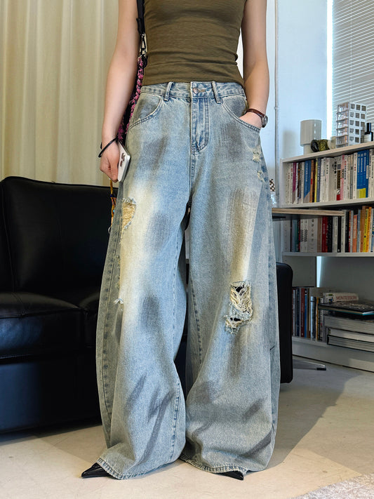 Women's Ripped Wide Leg Baggy Jeans High Waist Distressed Denim Pants Street Style Y2K Casual