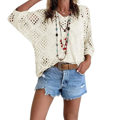 Fisoew Women's Bohemian-Inspired Beige Crochet Top with V-Neck #Springtok #TikTokShopJumpstartSale Casual Chic