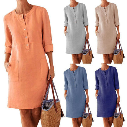 Spring New Popular plus Size Women's Clothing Cotton and Linen round-Neck Long-Sleeved Dress