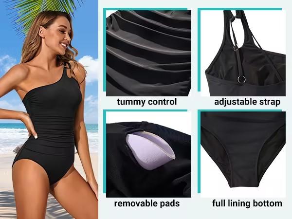 One Shoulder One Piece Swimsuit for Women Tummy Control Bathing Suits Modest Full Coverage Keyhole Swimwear - Seldom Seen Styles