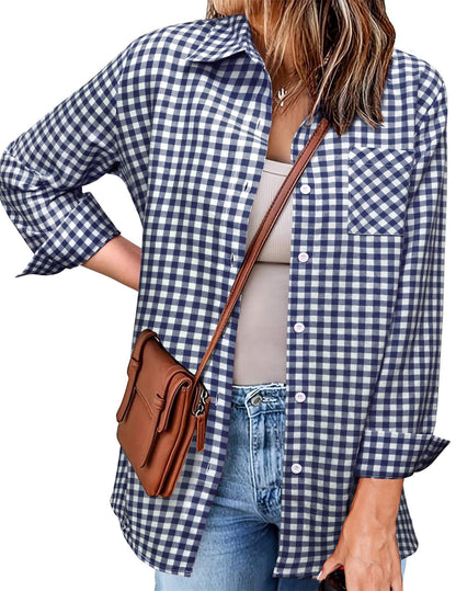 Fall Outfits Long Sleeve Plaid Shirt for Women Flannel Button Down Shirts Buffalo Shackets Business Casual Blouses