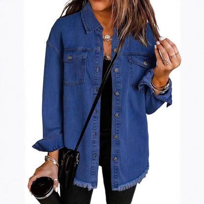 Jean Jackets for Women Ripped Fringe Denim Jean Jacket Casual Long Sleeve Pockets Jackets Coat Fabric Fashion Womenswear Soft – Back to School Outfit Idea