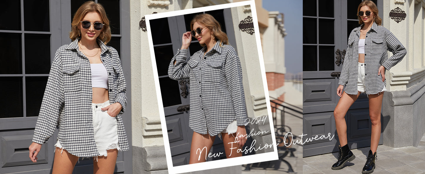 Plaid Jacket Women Casual Houndstooth Jacket Flannel Shacket Loose Long Sleeve Shirt Button Down Shacket with Pockets - Seldom Seen Styles