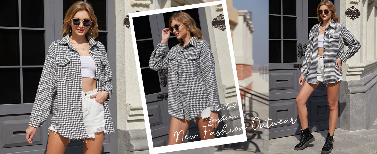Plaid Jacket Women Casual Houndstooth Jacket Flannel Shacket Loose Long Sleeve Shirt Button Down Shacket with Pockets - Seldom Seen Styles