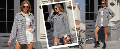 Plaid Jacket Women Casual Houndstooth Jacket Flannel Shacket Loose Long Sleeve Shirt Button Down Shacket with Pockets